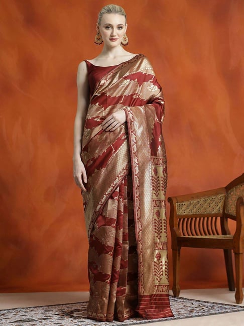 Jaipur Kurti Maroon Woven Saree With Unstitched Blouse-picture-19
