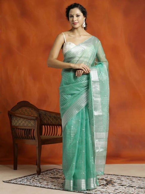 Jaipur Kurti Sea Green Woven Saree With Unstitched Blouse-picture-18