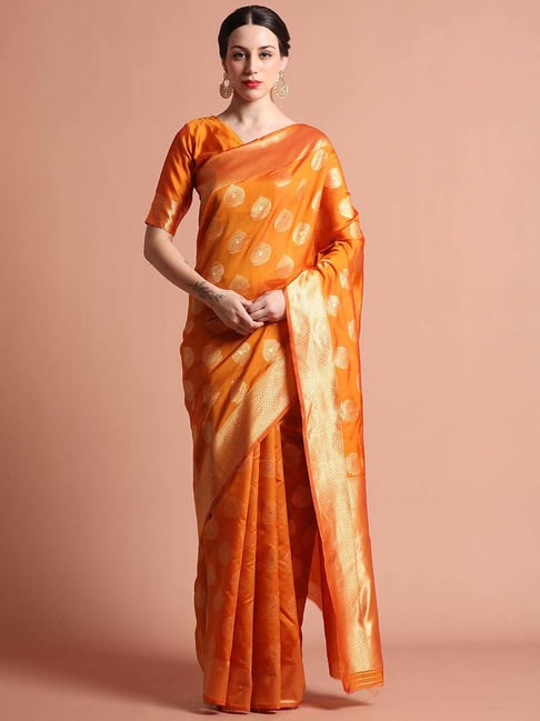 Jaipur Kurti Orange Woven Saree With Unstitched Blouse-picture-12