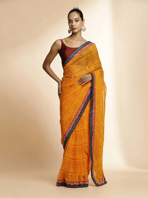 Jaipur Kurti Orange Printed Saree With Unstitched Blouse-picture-32