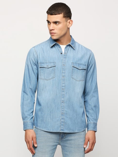 Pepe Jeans Blue Cotton Regular Fit Denim Shirt