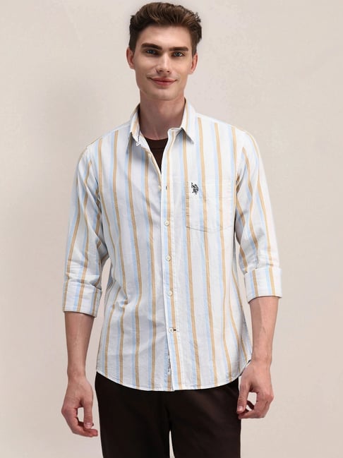 U.S. Polo Assn. White Cotton Regular Fit Striped Shirt