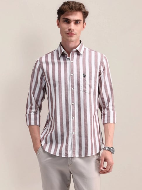 U.S. Polo Assn. Red Cotton Regular Fit Striped Shirt