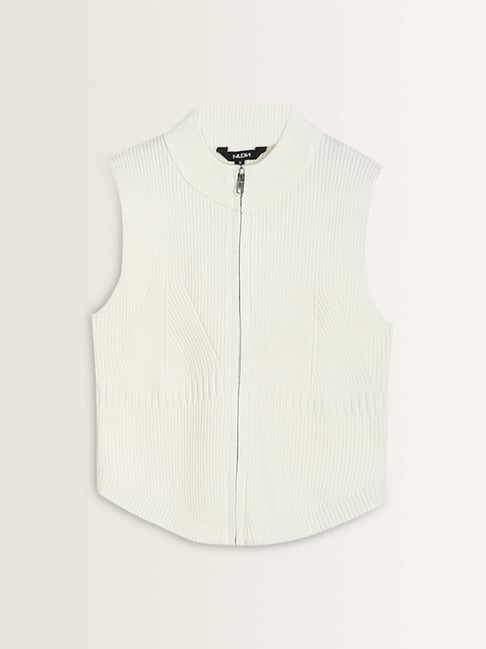 Nuon by Westside White Ribbed Textured T-Shirt