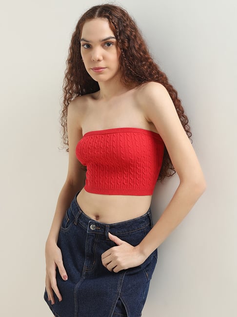 Nuon by Westside Red Knit-Textured Cotton Blend Tube Top