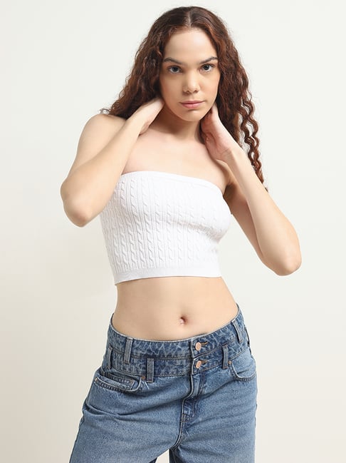 Nuon by Westside White Knit-Textured Cotton Blend Tube Top