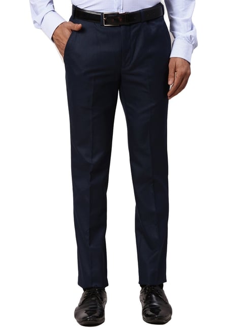 Park Avenue Navy Slim Fit Self Pattern Trousers-picture-28