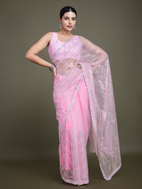 Monjolika Fashion Pink Embellished Saree With Unstitched Blouse-picture-11