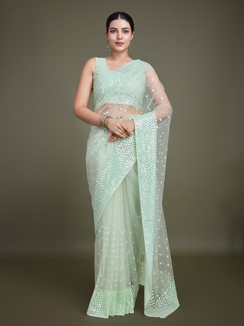 Monjolika Fashion Light Green Embellished Saree With Unstitched Blouse-picture-24