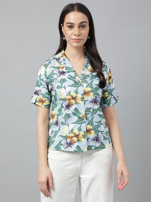 Hancock Blue & Green Cotton Floral Print Shirt-picture-37
