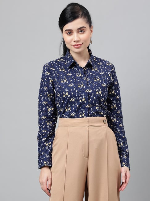 Hancock Navy Cotton Floral Print Shirt-picture-11