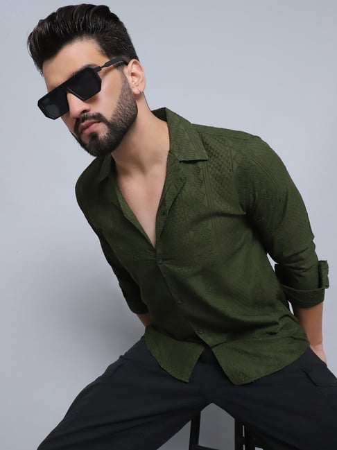 Indian Needle Green 100% Cotton Regular fit Self Casual Shirt-picture-17