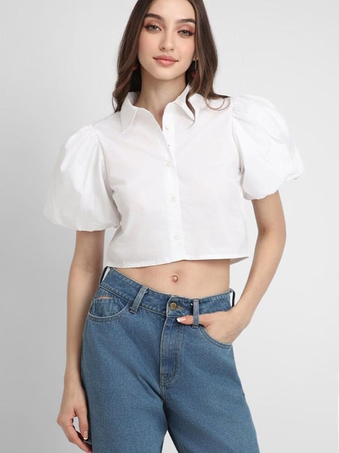 Forever 21 White Cotton Regular Fit Crop Shirt-picture-20