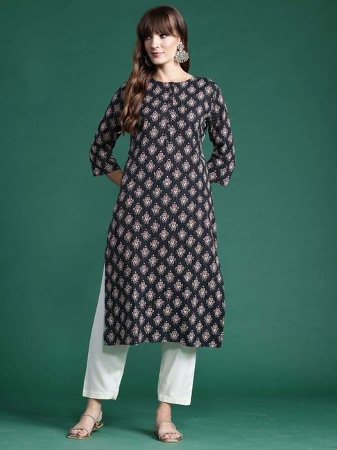 Indo Era Black Cotton Printed Straight Kurta-image-37
