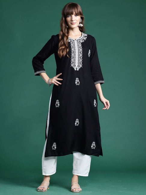 Indo Era Black Embroidered Straight Kurta-image-38