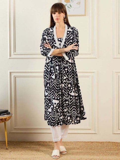 Indo Era Black Printed A Line Kurta-picture-25