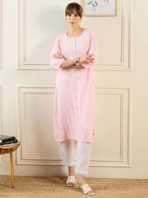 Indo Era Pink Embroidered Straight Kurta-image-36