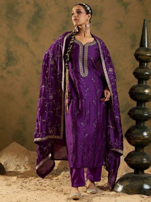 Indo Era Purple Embroidered Kurta Pant Set With Dupatta