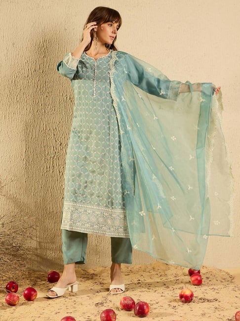 Indo Era Blue Embroidered Kurta Pant Set With Dupatta