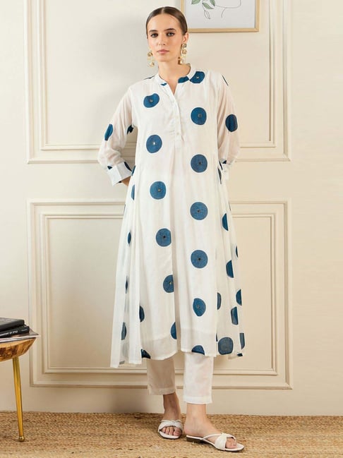 Indo Era Off-White Cotton Printed Kurta Pant Set With Dupatta