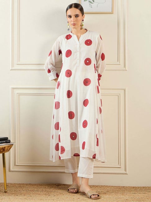Indo Era Off-White Cotton Printed Kurta Pant Set With Dupatta