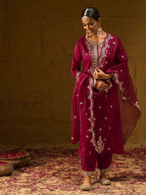 Indo Era Maroon Embroidered Kurta Pant Set With Dupatta