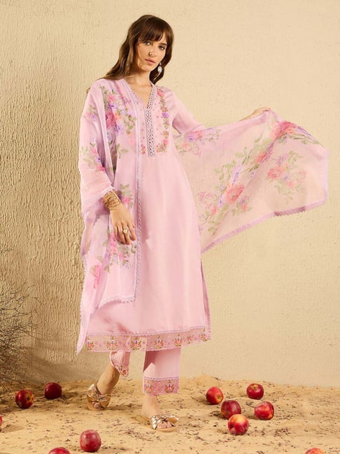 Indo Era Lilac Embroidered Kurta Pant Set With Dupatta