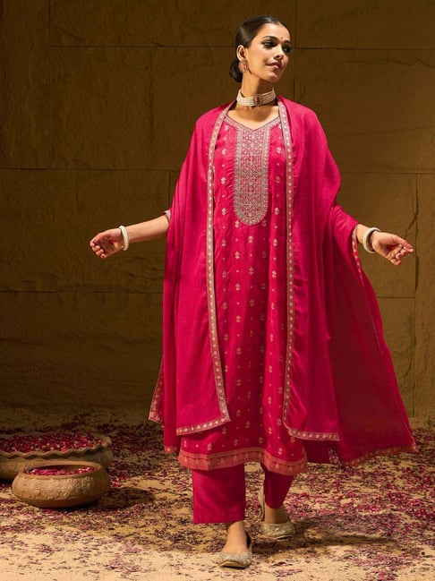 Indo Era Pink Embroidered Kurta Pant Set With Dupatta