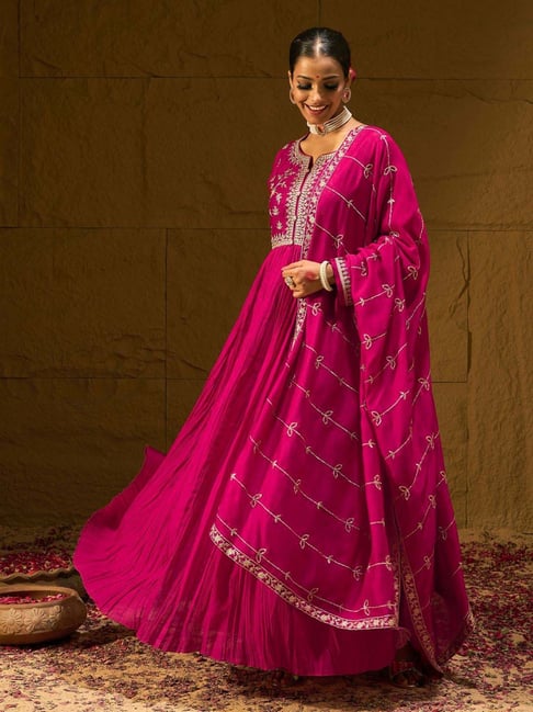 Indo Era Pink Embroidered Kurta Pant Set With Dupatta
