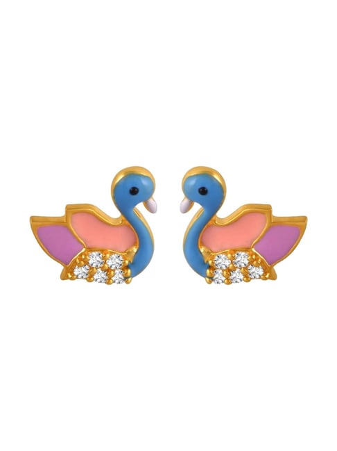P.C. Chandra Jewellers 22KT Yellow Gold Studs Earrings With Duck Motifs And Stone Detailing
