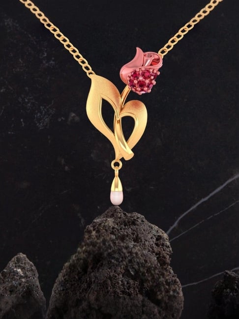 P.C. Chandra Jewellers 14KT Yellow Gold Necklace With Rose And Pearl for Women & Girls