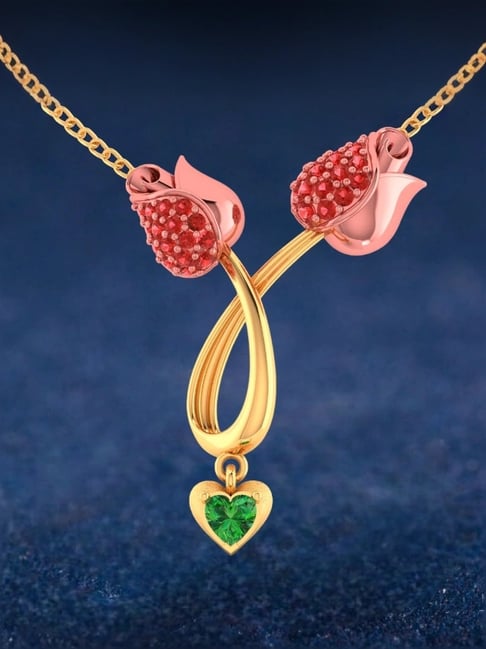 P.C. Chandra Jewellers 18KT Yellow Gold Necklace With Double Tulips And A Heart Drop