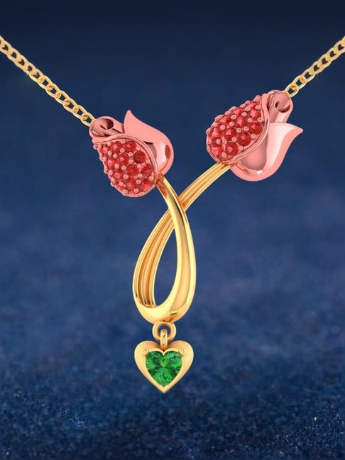 P.C. Chandra Jewellers 14KT Yellow Gold Necklace With Double Tulips And A Heart Drop