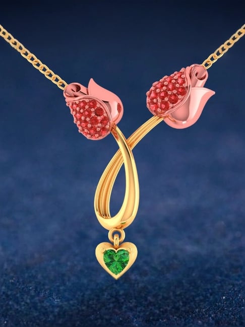 P.C. Chandra Jewellers 22KT Yellow Gold Necklace With Double Tulips And A Heart Drop