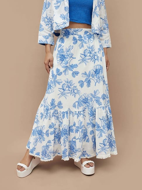 Colour Me by Melange White Blue Cotton Floral Print Maxi Skirt