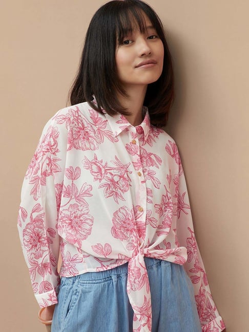 Colour Me by Melange White & Pink Floral Print Shirt-picture-19