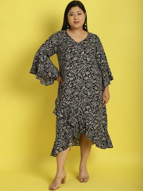 theRebelinme Black Floral Print Midi Dress