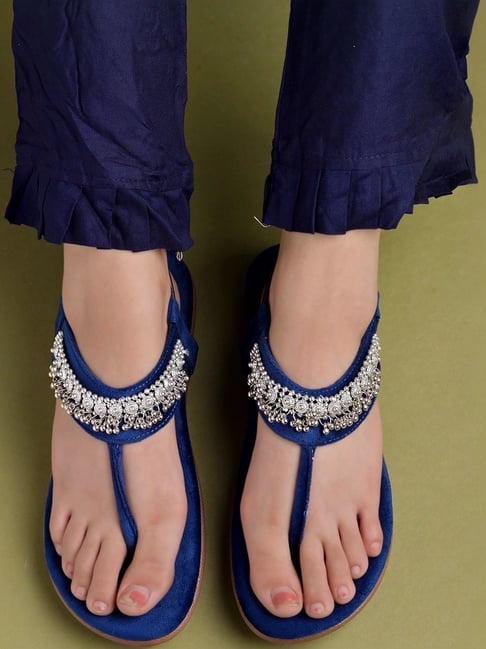 Ladies Sandals Blue Suede Sandals Flat Shoetopia Women's Blue Back