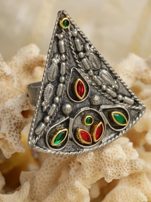 Moedbuille Handcrafted Crystals Studded Antique Tribal Design Oxidised Silver Plated Finger Ring