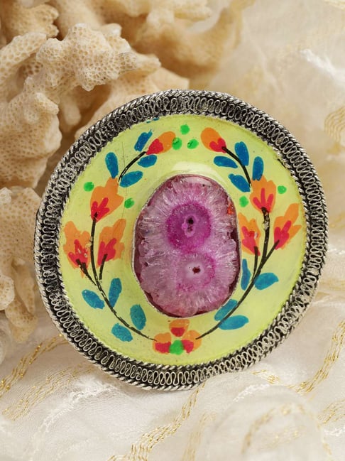 Moedbuille Agate Studded Handpainted Meenakari Floral Design Oxidised Silver Plated Finger Ring