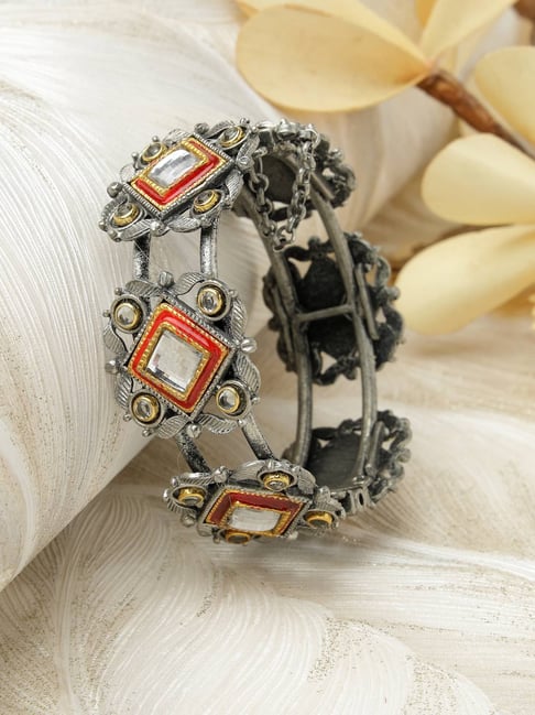 Buy Moedbuille Kundan Meenakari Antique Oxidised Silver Bracelet