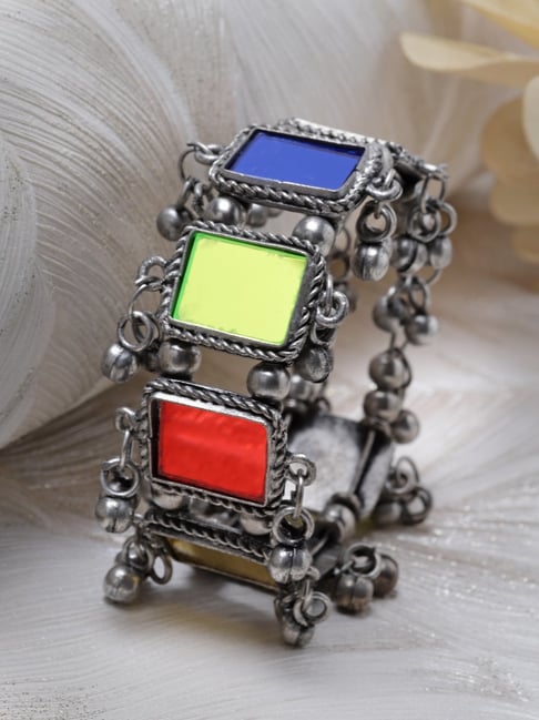 Buy Moedbuille Mirrors Ghungroos Tribal Oxidised Silver Bracelet