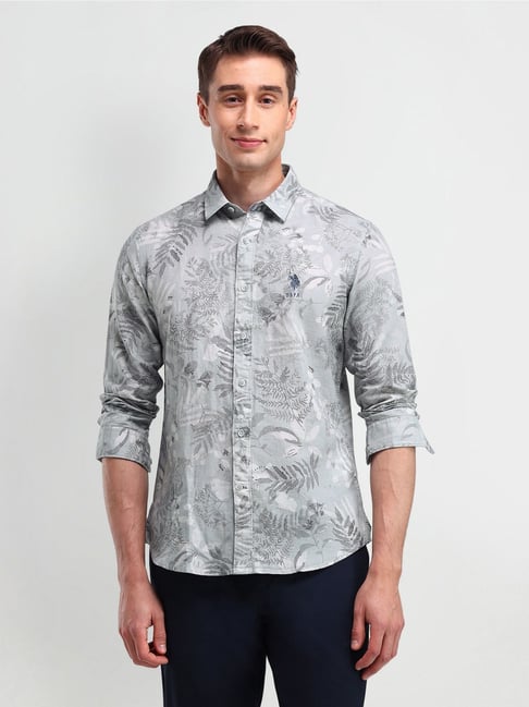 U.S. Polo Assn. Grey Cotton Slim Fit Printed Shirt