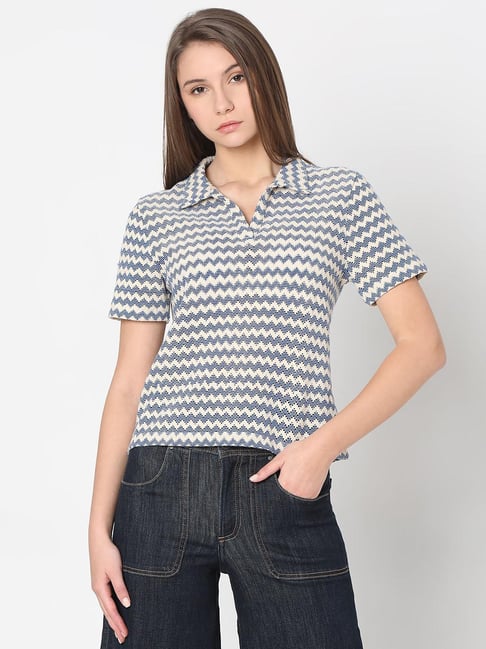 Vero Moda Beige Blue Cotton Self Design Polo T-Shirt