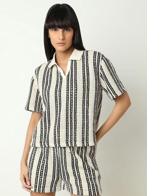 Vero Moda Beige Black Cotton Self Design Polo T-Shirt