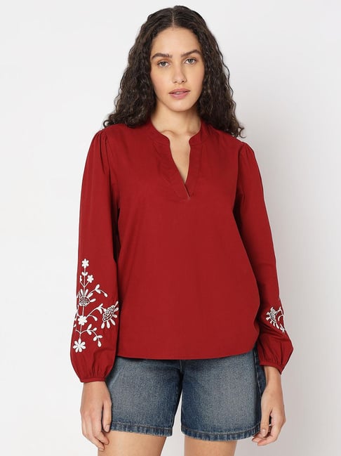 Vero Moda Maroon Cotton Regular Fit Top