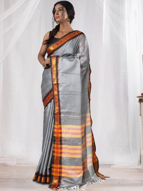 Unnati Silks Grey Cotton Woven Saree With Unstitched Blouse-picture-12