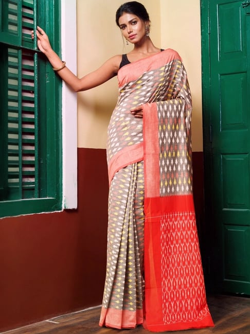 Unnati Silks Grey & Red Printed Saree With Unstitched Blouse-picture-18