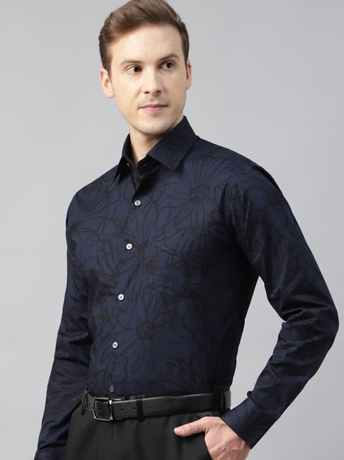 Hancock Navy Blue & Black Cotton Slim Fit Printed Shirt-picture-30