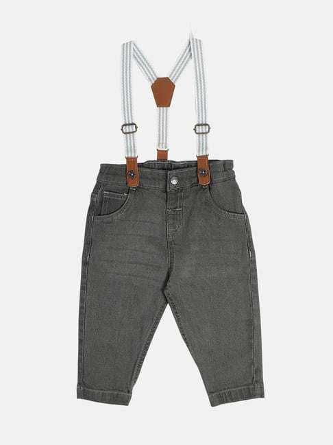 MINIKLUB Boys Grey Light Wash Cotton Printed Full Sleeves Denim Pant